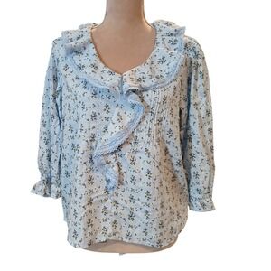 Lauren Conrad M Light Blue Floral Ruffle Lace Blouse Cottagecore Peasant Prairie